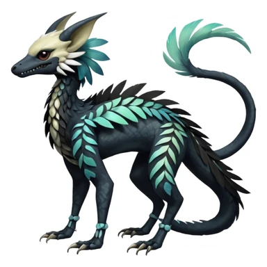 Rare realistic tribal patterned whitish pastel colorful iridescent shiny glossy feathery epic handsome gorgeous aesthetic black-skulled Vernid-Trico-Sergal-Salandit-Nargacuga-species-Fakemon-creature by LiLaiRa, 4 legs, 1 tail, random markings, (full body) long ears sticker