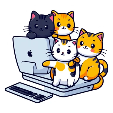 three cats at a computer, playful sticker style sticker