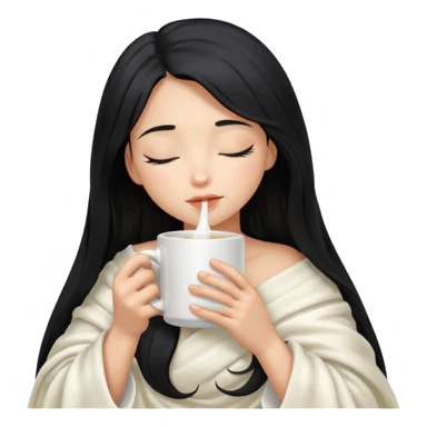 black hair girl long hair inside a white milky satin blanket sipping coffee in white mug eyes closed without coffee in mouth  sticker