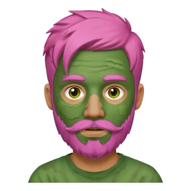 pink haired man with full full face dirty messy green clay mask and beard sticker