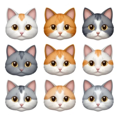 6 realistic looking cats with different natural coloured coats, assorted grey and white, greys, calico, brown and white colours etc
 sticker