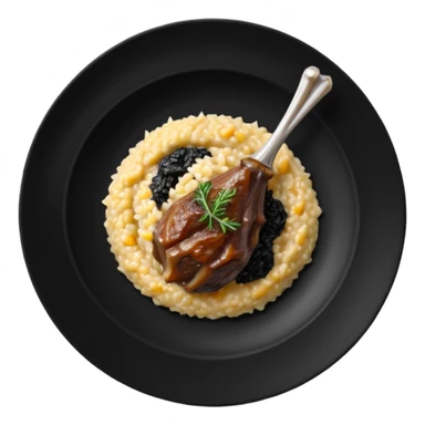 Lamb Shanks with Risotto Nero on a black plate, top view sticker
