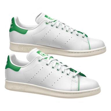 Pair of Adidas Stan Smith sneakers in white and green colorway, one positioned behind the other, both shoes shown from side angle sticker