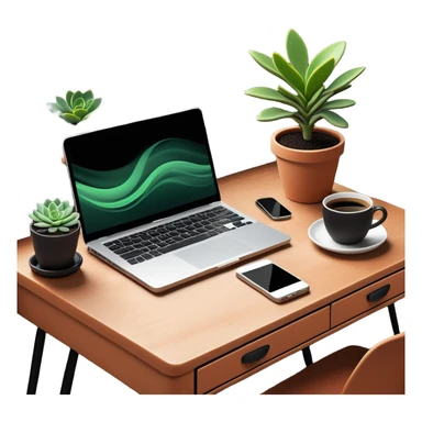 A tidy desk with a laptop, a steaming cup of coffee, and a small green potted plant, showing an organized and inspiring workspace sticker