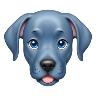 Cinematic Cute Blue Great Dane Portrait Emoji, Head tilted playfully and inquisitively, featuring a glossy blue Fur with a refined sheen, round, sparkling steel-blue eyes filled with curiosity, Simplified yet irresistibly adorable features, highly detailed, glowing with a warm, friendly glow, high shine, affectionate and gentle, stylized with a touch of whimsy, bright and endearing, soft glowing outline, capturing the essence of a mischievous yet loving pup, so playful it feels like it could lumber out of the screen and into your arms! sticker