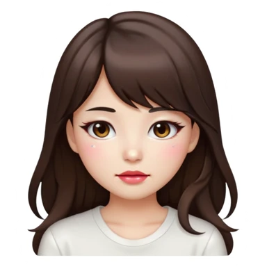 “japanese style Emoji brunette girl long hair with side bangs white top, dewy skin, heavy blush across cheeks and nose bridge, glossy cherry lips, soft eyeliner, teary sparkling eyes sticker