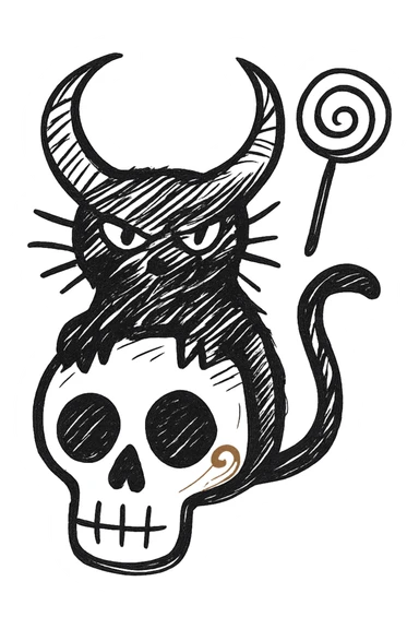 Add the iconic lollipop from the Trick 'R Treat movie hanging from one of the cat's demon horns, hand drawn style with expressive linework, no fill, preserve the red spiral on the skull, transparent background. sticker