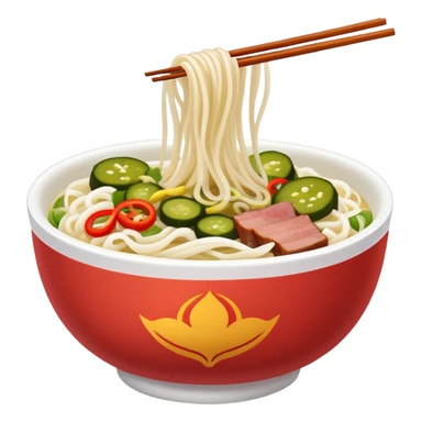 Guilin rice noodles with pickles and meat topping, simplified emoji style with bold outlines and bright colors, cartoon style rice noodle bowl sticker