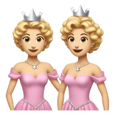 A white skinned woman with golden-blonde curls in an updo. Wearing a pink ball gown with puffy shoulders, a silver crown, and holding a star wand. Radiates charm and magic. sticker