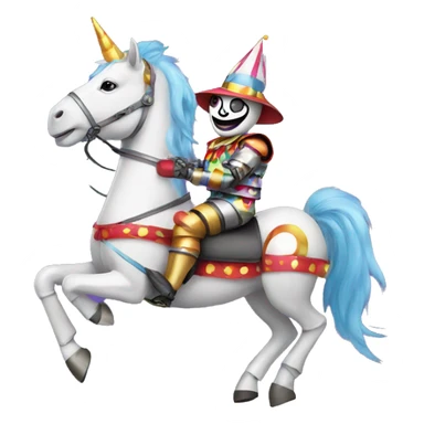 Robot wearing a clown outfit riding a unicorn sticker