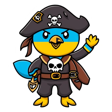 Pirate character with Kazakhstan flag colors and elements, eye patch, pirate hat with Kazakhstan eagle symbol sticker