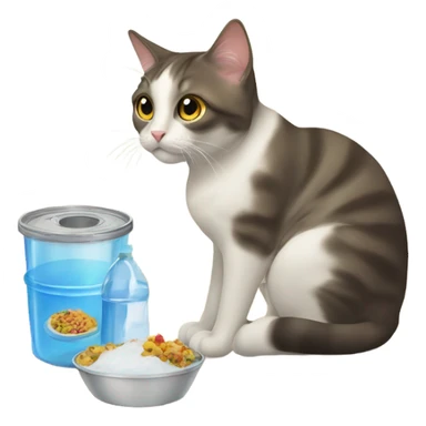 Cat sitting at the floor and staring at her food and water  sticker