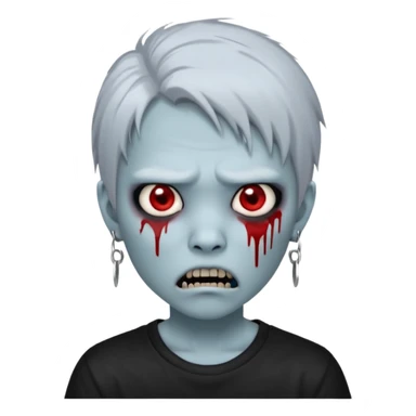 Create a 3D emoji-style avatar with very pale blue-grey zombie skin like the reference image, a young Asian face, and large eyes with blood tears. Give it white mullet hair style , silver hoop earrings, and a plain black T-shirt. The face expression should be slightly angry, with vampire fang  sticker