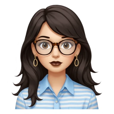 An emoji featuring a woman with very long wavy dark brown hair and a whispy straight bang, wearing thick tortoise square shaped glasses, drop earrings. She has long lashes, black eyeliner and a nude browny glossy lipstick. She's wearing an oversize light blue shirt with white vertical strips.  sticker
