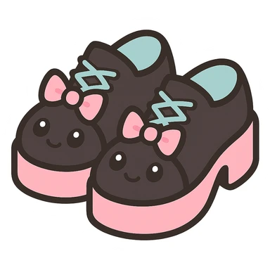 Make the shoes primarily black with pink and pastel accents, kawaii style, no socks, no hearts, transparent background sticker