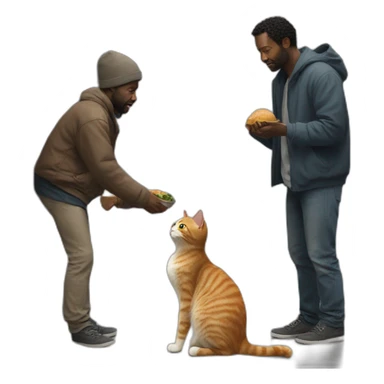 The cat asks a homeless black man for food sticker