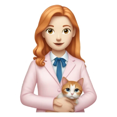 A ginger pale girl with blue eyes wearing a light pink long sleeve shirt holding a tuxedo cat with a pink nose sticker