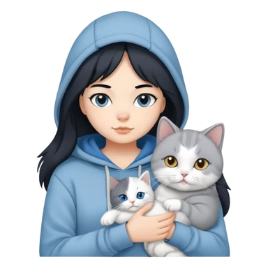 Girl with black hair wearing gray hoodie with a British shorthair blue and white cat and a long-haired blue and white cat sticker