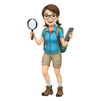 Extremely happy joyful woman in her late 30s with glasses wearing sporty outfit, hiking boots, and backpack, holding a magnifying glass with big smile sticker