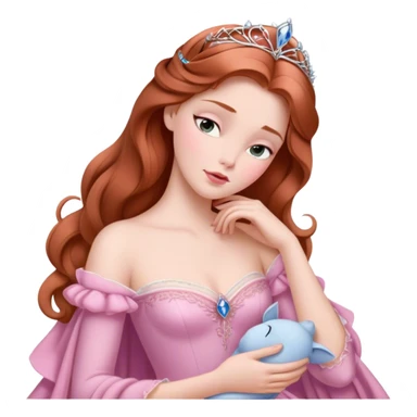 Cinematic Elegant Sleeping Beauty Portrait Emoji, rendered in a realistic, vector-style with minimal shading and bold, simplified shapes. Depict Aurora (Sleeping Beauty) (chest and above) with delicate porcelain skin, soft auburn hair styled gracefully, and gentle, dreamy eyes, dressed in her classic pink gown. The image glows with a soft, enchanting radiance and high shine, capturing timeless regal beauty. sticker