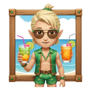 elf male legolas portrait, patterned board shorts (geometric/abstract), unique wooden-framed sunglasses, undercut hairstyle, slight smirk, visible pointy ears, no background, centered emoji, hipster summer vibe coctails sticker