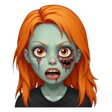 Faça uma zumbi feminina com cabelos longos e laranja, deve estar vestindo uma camisa preta e ter seus olhos castanhos escuro, não esqueça de colocar a sombrancelha da cor do cabelo e faça ela abrir um pouco a boca como um zumbi e adicione um piercing em seu nariz  sticker