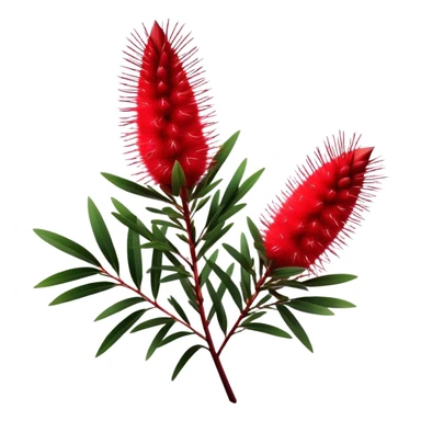 Cinematic Realistic Callistemon Emoji, Vibrant and striking, with spiky red flowers resembling a bottlebrush. The slender leaves create a fine backdrop to the bold blooms, while the plant exudes energy and vitality. Soft glowing outline, capturing the essence of strength, color, and natural beauty in a brilliant callistemon tree! sticker