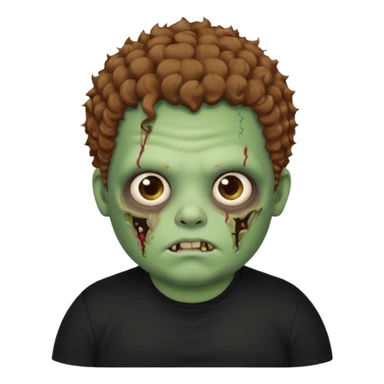 a zombie boy with brown curly hair and a fat double chin, with black t shirt sticker