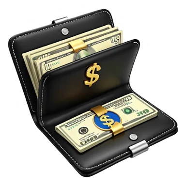 Rich emoji style black leather wallet with dollar bills, luxury money vibe, premium 3D emoji, ultra clean, high detail, no background sticker