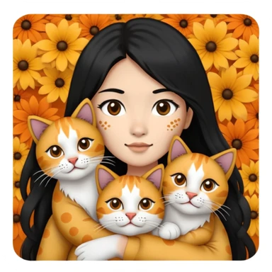 Help me make an emoii style picture of an Asian girl with long black hair holding two cats. A long haired black and white floral lion cat with a square open face and a black spot under the left side of her nose, and a short haired orange and white, cat with a square open face and orange spots spread around her nose and mouth. sticker
