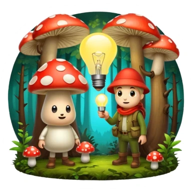 forest character with glowing lightbulb mushroom idea moment sticker