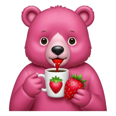 A pink bear is holding a strawberry and drinking coffee with a transparent background in a teenager hand-drawn style. sticker