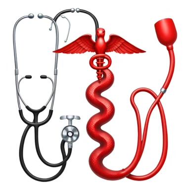 An icon featuring a caduceus (a bowl with a snake), a red cross, and a stethoscope, symbolizing medicine. The design includes medical tools and symbols, representing healthcare, diagnosis, and healing practices. Transparent background highlights the profession and study of medicine. sticker