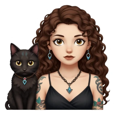 woman with long curly brown hair, brown eyes, white skin, tattoos, black cat wearing tiny rune necklace judging everyone sticker