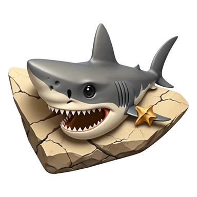 3D render of Shark Tooth, embedded in a chunk of rough sedimentary rock, cracked stone texture, ancient fossil aesthetic, shiny black enamel tooth embedded in beige sand, matte dry finish, Apple emoji style, isolated on white background --v 6.0 sticker