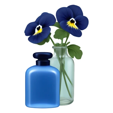 Decorative blue candle in a glass jar and in the back are navy blue pansies and a blue vintage-style perfume bottle  sticker