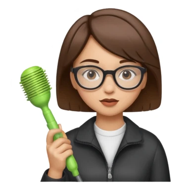 Girl lightskinned short brown hair with glasses a comb in one hand and a blower in the other  sticker