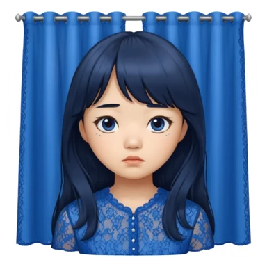Long hair asian girl with curtain bangs with a blue lace top on with sad expression sticker