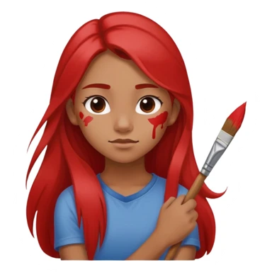 Generate an image of a teen girl half body with long hair and red paint on her left cheek and a paintbrush on left ear and arms fold sticker