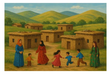 کوردی rural village scene, small Kurdish village with mud-brick houses, women in colorful dresses, children playing, hills in background, peaceful atmosphere sticker