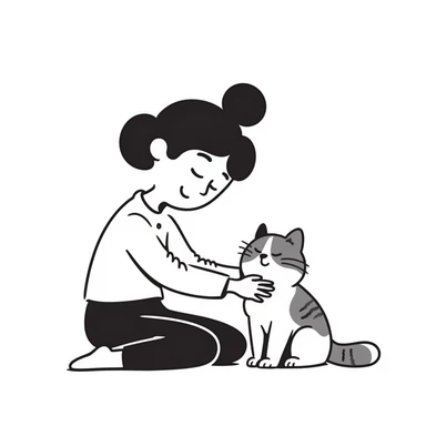 brown-haired Asian girl with her blue and white Manchikon cat, both happy sticker