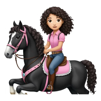 Realistic mixed race girl with long dark brown curly hair, riding a big black and white draft horse, wearing pink harness and saddle  sticker