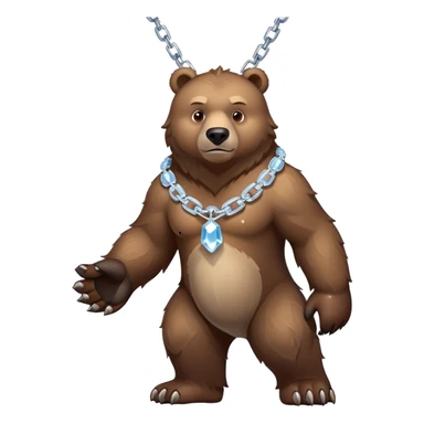 Fierce brown bear walking on four paws with an ice chain necklace, frozen chain links made of crystal clear ice, serious face sticker