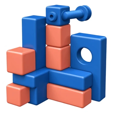 Modern minimal emoji: building blocks + connection flows + gear. Deep blue and coral colors. Professional no-code expert signature. Geometric clean style. sticker