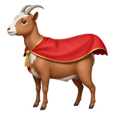 side view of white female goat wearing a read cape like superman sticker