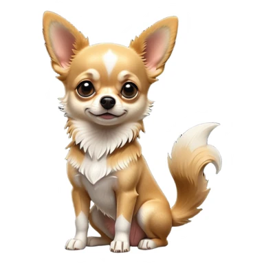 cinematic-[chihuahua dog]-realistic-full-body-sitting-emoji,-tail-resting-loosely-beside-its-paws,-head-tilted-dramatically,-scruffy-[black and tan and white]-fur,-simplified-yet-realistic-focused-features,-highly-detailed,-glowing-with-an-almost-sarcastic-glow sticker