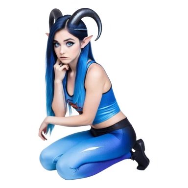 Disapponted-big tears-head back texting on phone-very very large upper body-sexy face-bending forward at waist-very long very straight dark blue to light blue ombre hair-and-blue eyes-thick black eyeliner-cute goat horns-iridescent blue lowcut tanktop with black leggings with glitter superman logo sticker