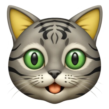 gray cat head with black stripes, large green eyes, big black pupils, mouth open, small solid yellow ball in mouth sticker