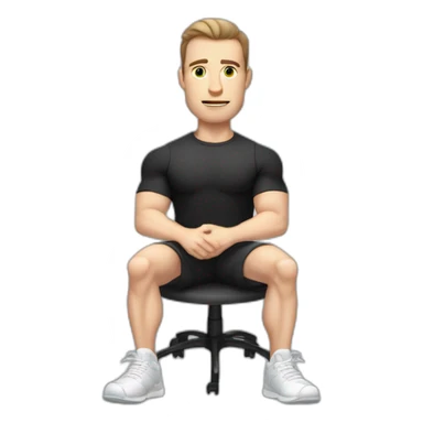 Pale skinned Fit Man With the biceps and dark brown hair in black shirt, gray sports shorts and white Sneakers Sitting on a chair sticker