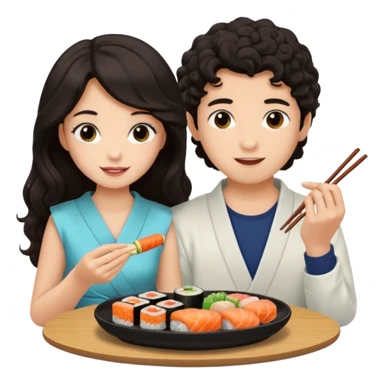 czarnowłosa ksieżniczka w dlugich wlosach je sushi z chłopakiem o czarno brązowych kręconych włosach i są zadowoleni i są nastolatkami i te włosy są lekko krecone sticker